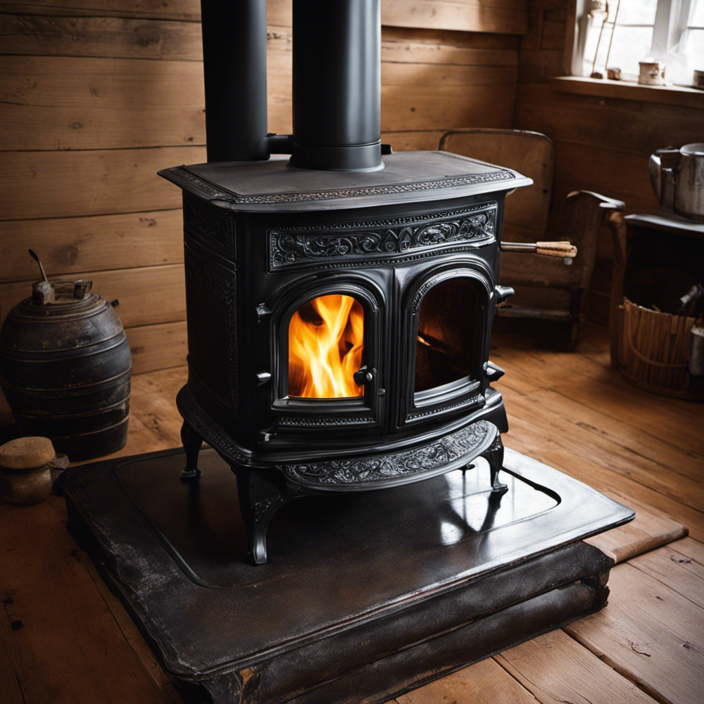 An image showcasing a skilled hand meticulously applying heat-resistant epoxy along a hairline crack in a cast iron wood stove, while patches of soot and worn edges hint at years of faithful service