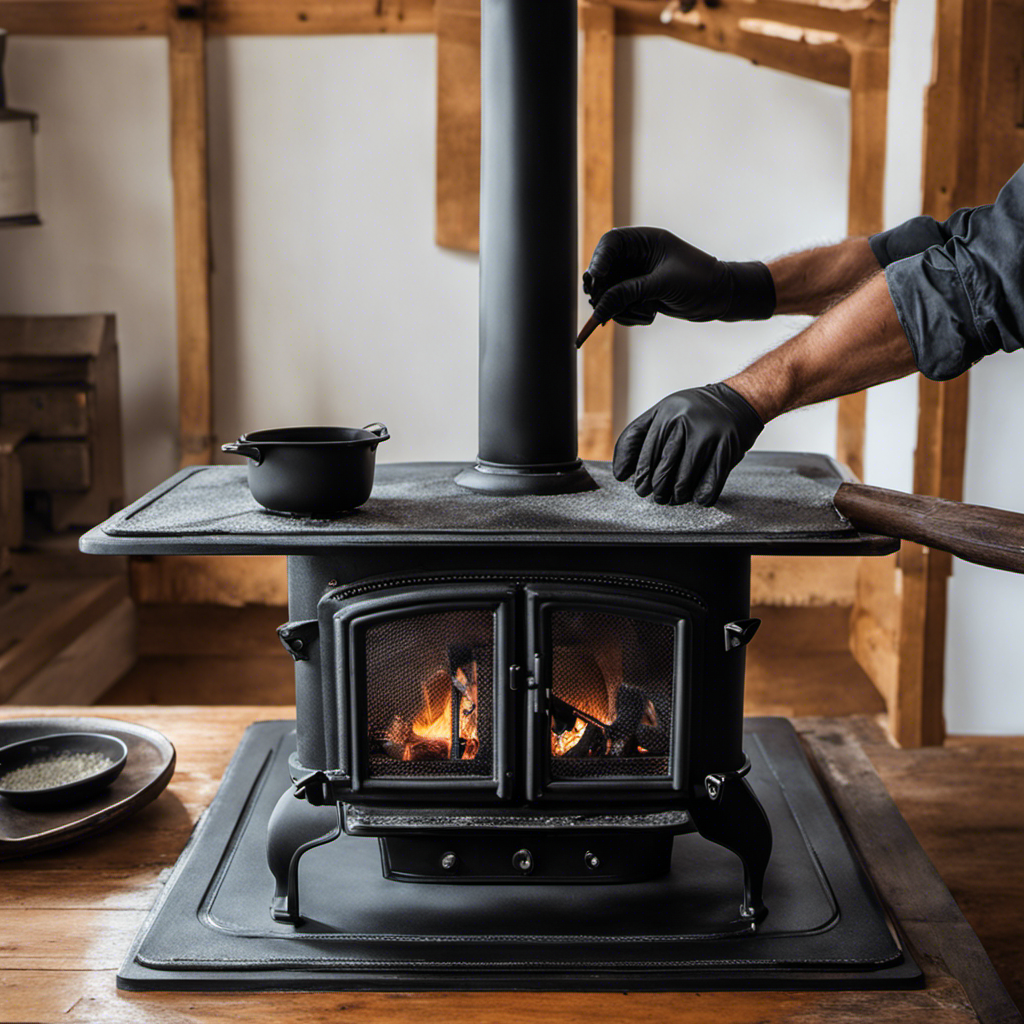 An image showcasing a pair of gloved hands meticulously applying high-temperature epoxy to a visible crack in a cast iron wood stove