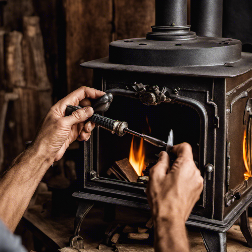 An image that showcases a pair of gloved hands holding a screwdriver, delicately adjusting the damper on a rustic, cast iron wood stove