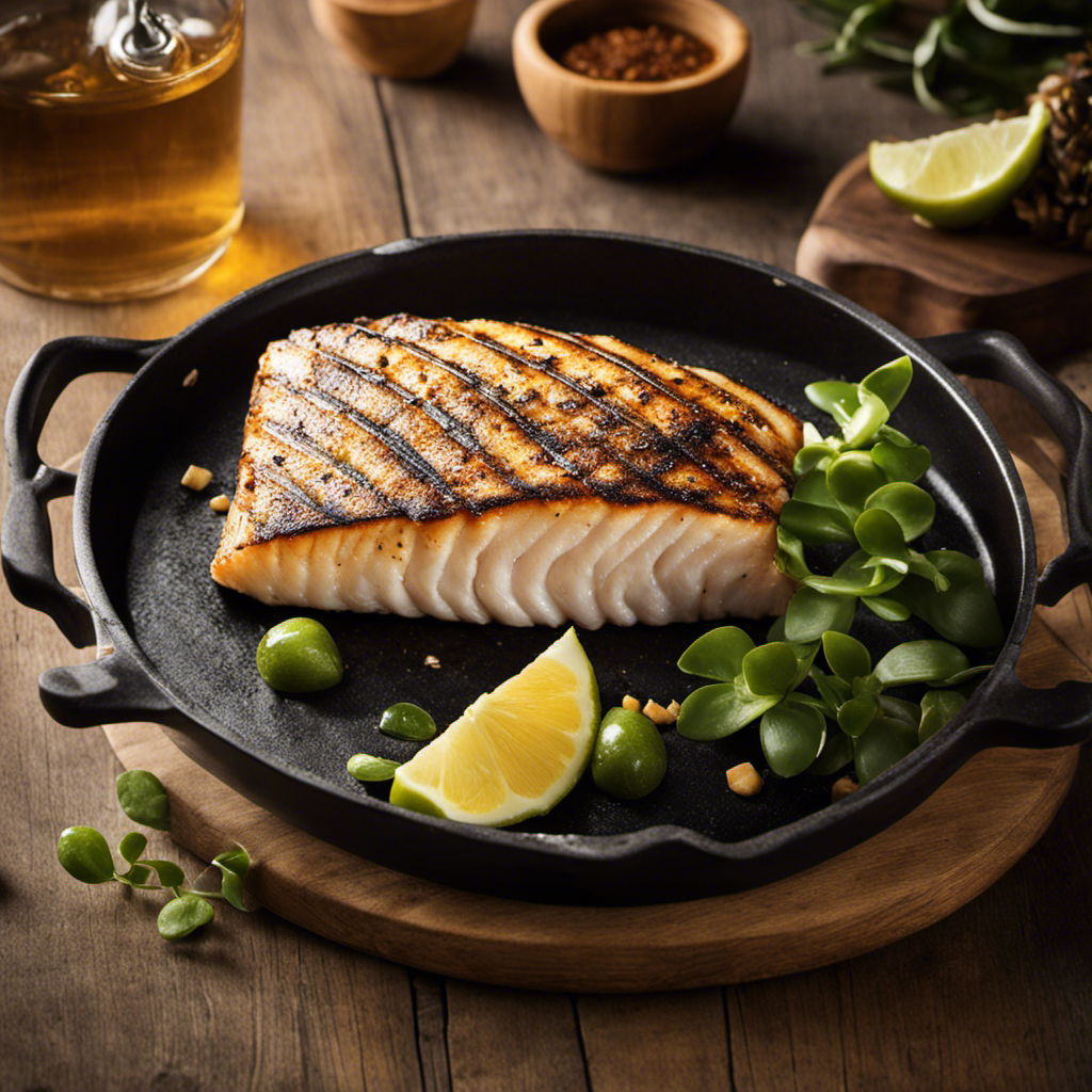 An image featuring a succulent halibut fillet sizzling on a wood pellet grill, adorned with a delightful charred crust