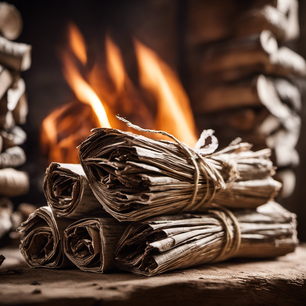 An image showcasing a pair of hands, cradling a bundle of crinkled newspaper, a small stack of kindling arranged in a tepee shape, and a single match poised to ignite the firewood in a wood stove
