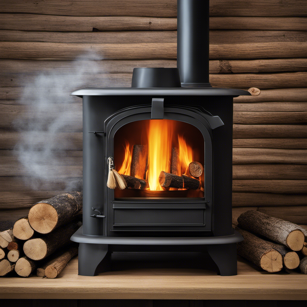 An image showcasing a close-up of a wood stove's chimney, with billowing smoke gracefully spiraling upwards