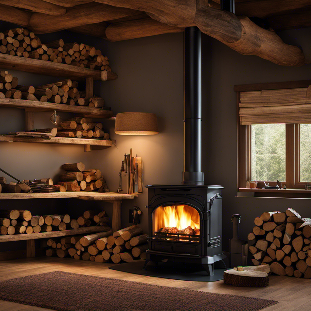 An image featuring a spacious workshop filled with the warm glow of a roaring wood stove