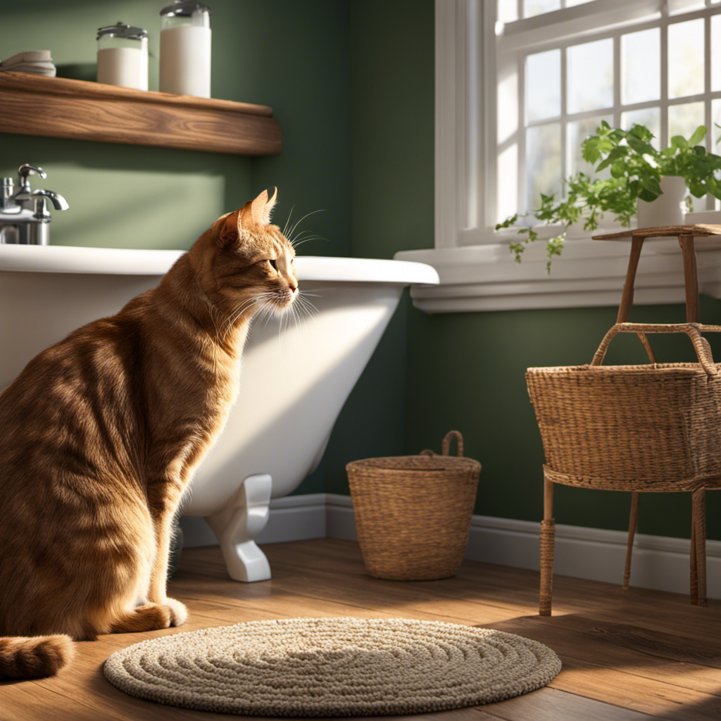 An image capturing a serene bathroom setting with a wooden litter box filled with wood pellet cat litter, a content cat confidently using it, and a pleased owner observing nearby