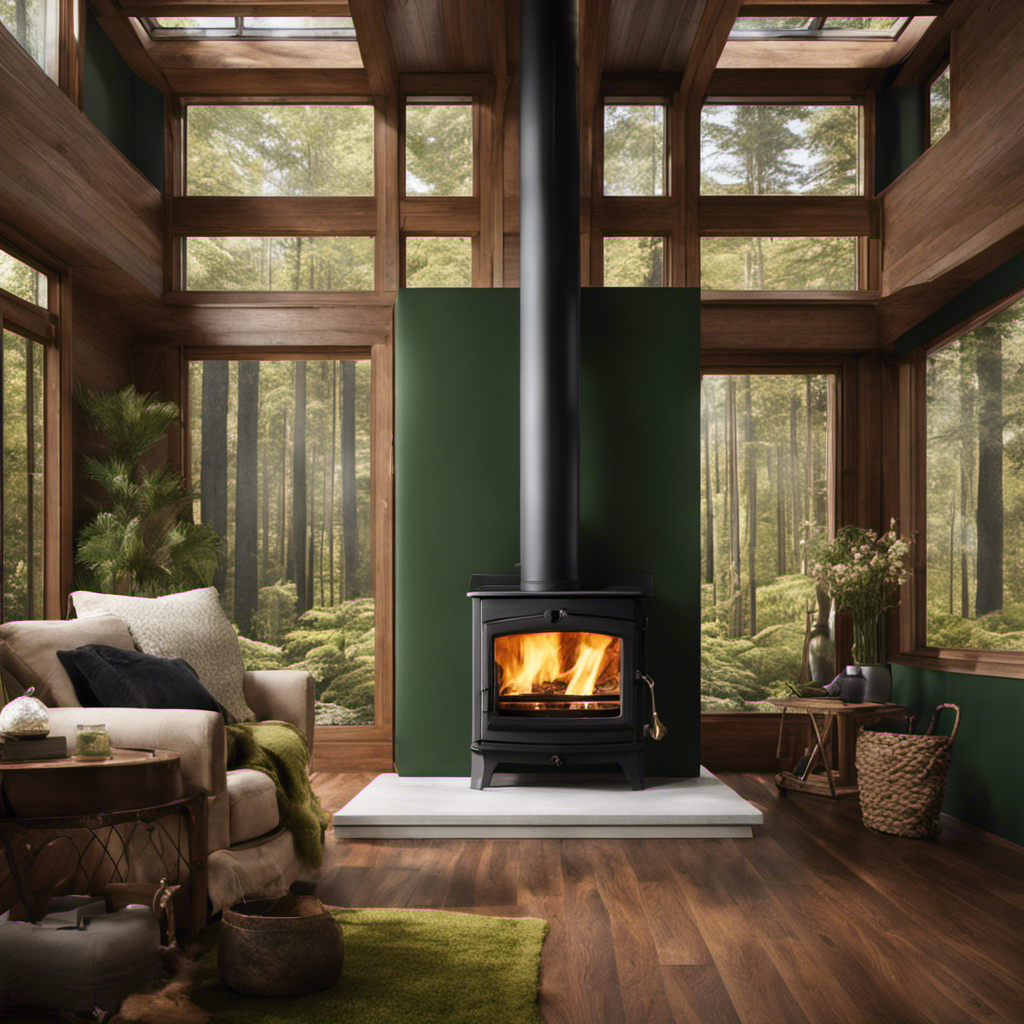 An image featuring a well-maintained, modern wood stove surrounded by a dense, verdant forest