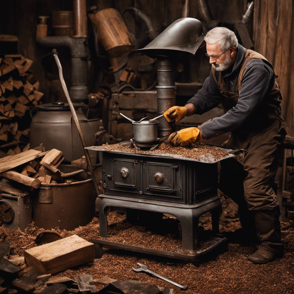 An image of a person wearing heavy-duty gloves, dismantling a rusty, old wood stove with a wrench and crowbar