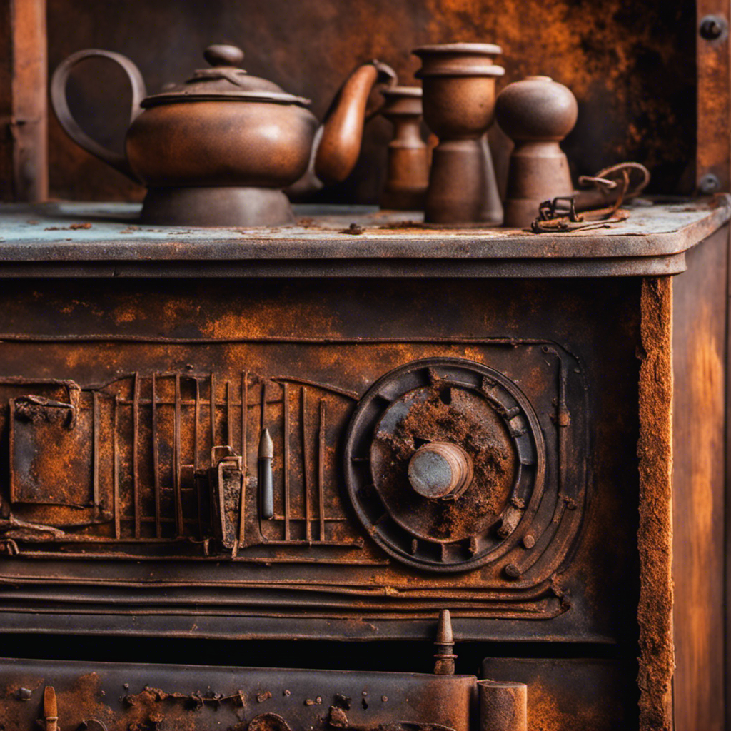 An image featuring a close-up of a wooden stove covered in rusty patches