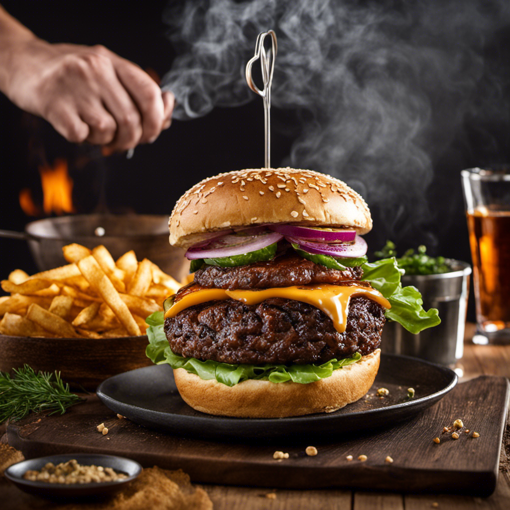 An image showcasing a mouth-watering, perfectly charred burger on a wood pellet grill