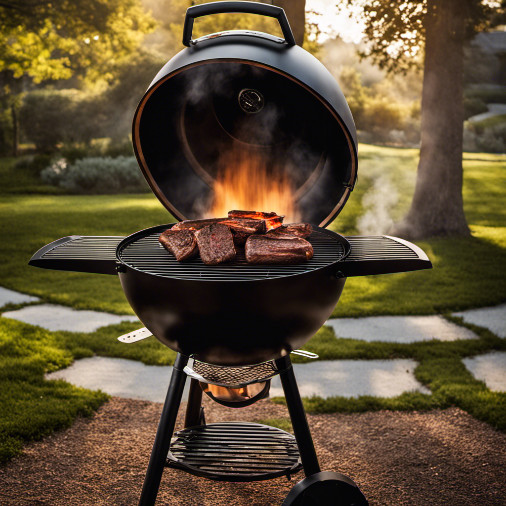 An image showcasing a wood pellet grill emitting aromatic smoke