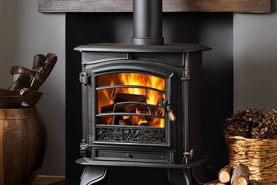 An image showcasing a crackling wood stove, adorned with seasoned logs neatly stacked in a sturdy iron fireplace