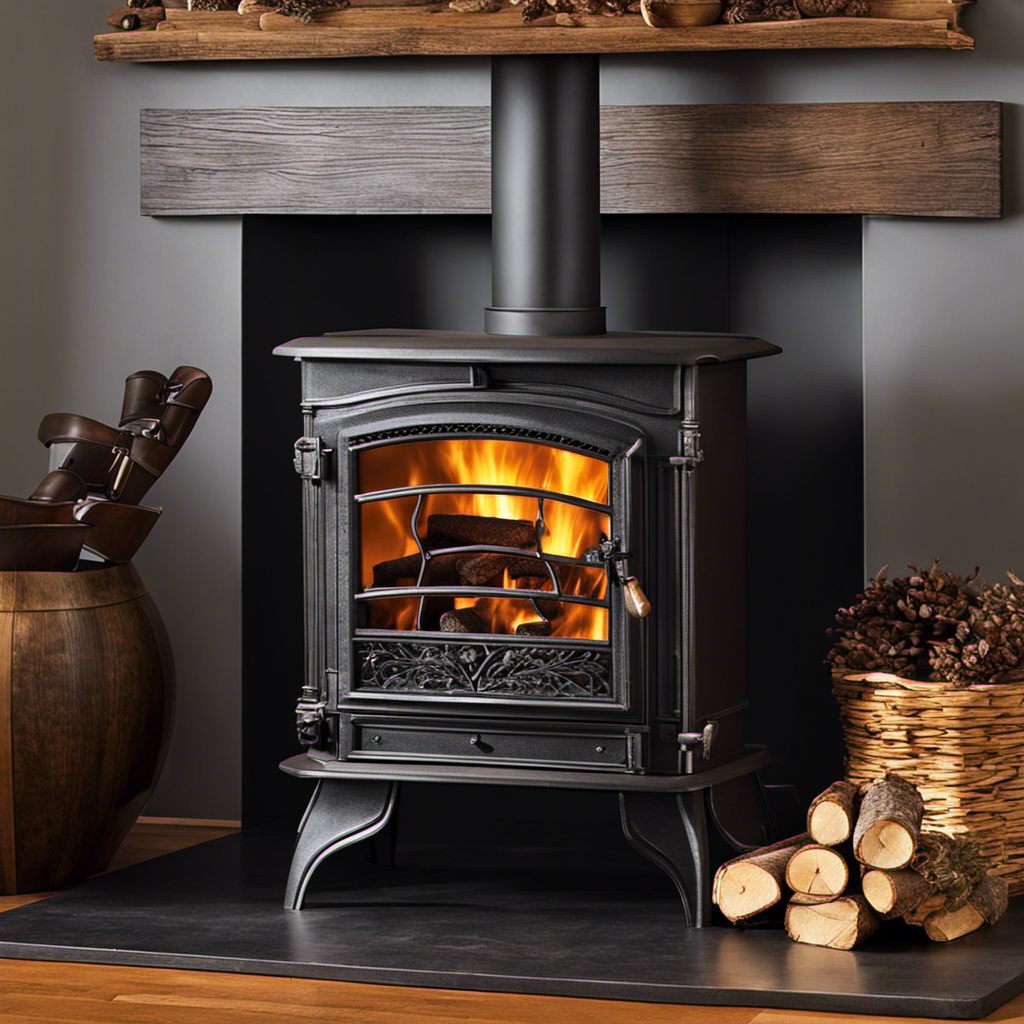 An image showcasing a crackling wood stove, adorned with seasoned logs neatly stacked in a sturdy iron fireplace