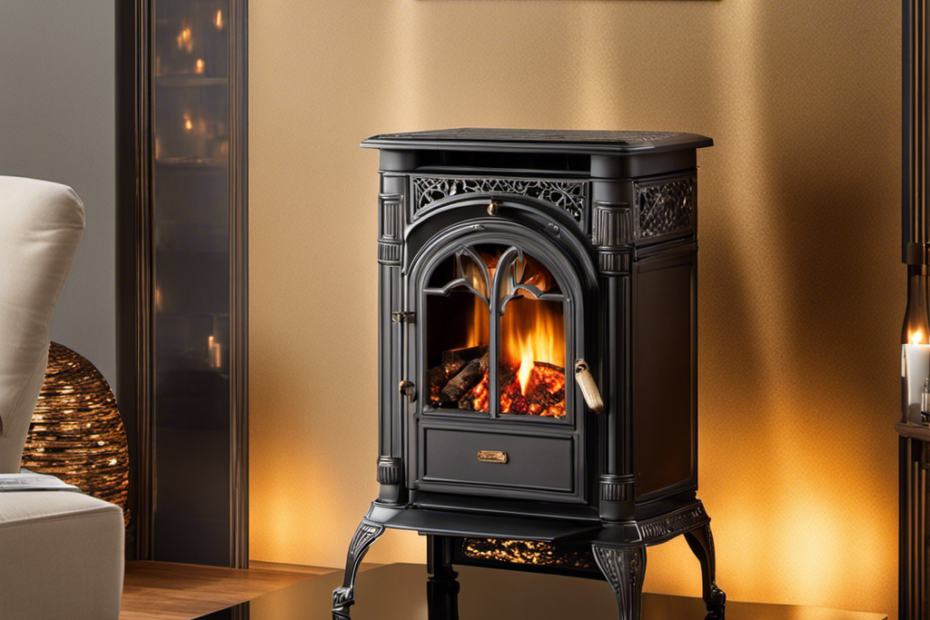 An image showcasing a close-up of a wood pellet stove, with vibrant flames dancing gracefully amidst the golden embers