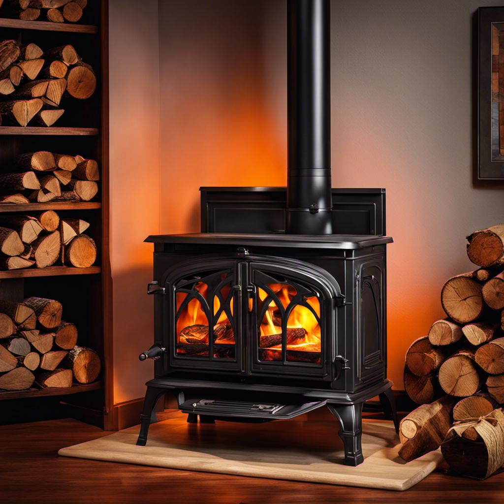 An image showcasing a roaring wood stove engulfed in vibrant orange flames