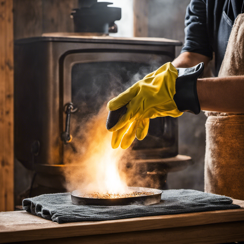 An image capturing the process of removing soot and grime from wood stove glass