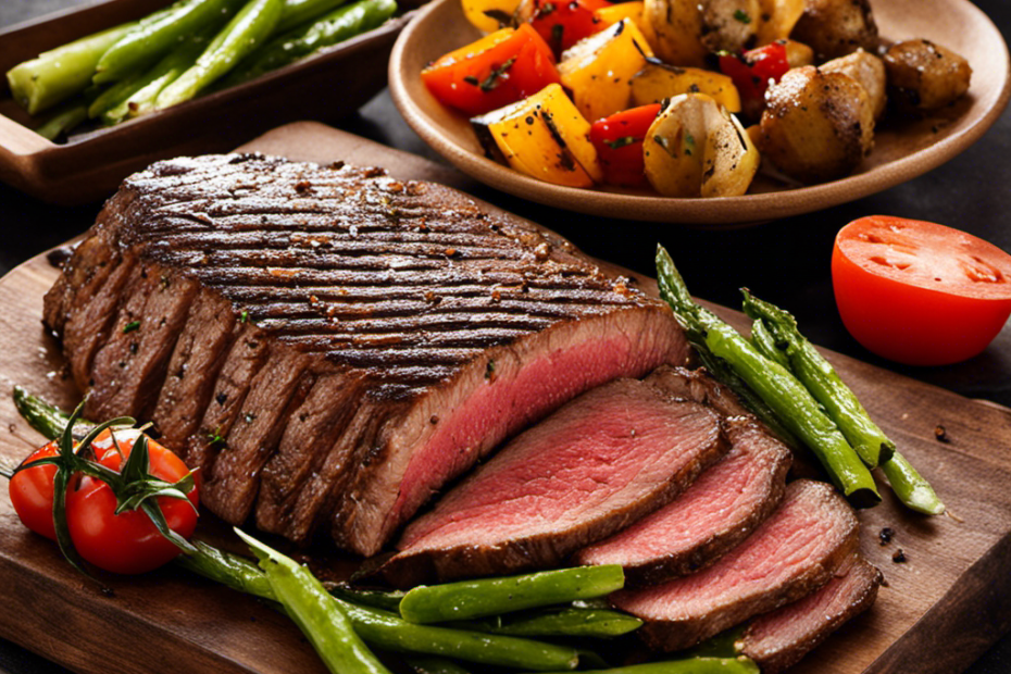 An image showcasing a perfectly grilled flank steak on a wood pellet grill: the juicy steak with distinctive grill marks, surrounded by a subtle smoky haze, and adorned with grilled vegetables on the side