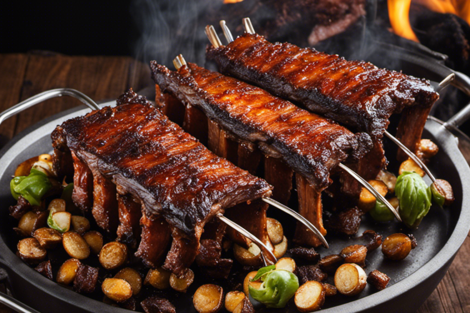 An image showcasing a succulent rack of pork ribs sizzling on a wood pellet grill