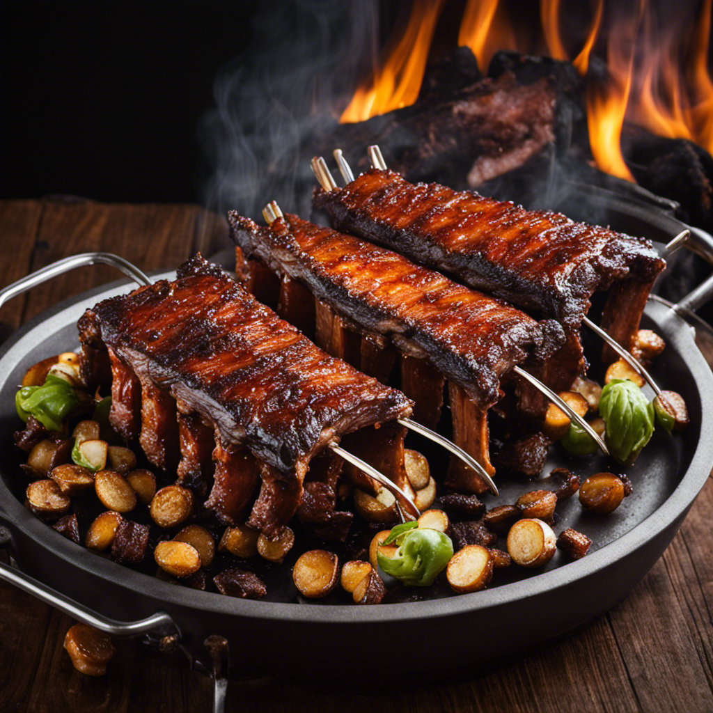 An image showcasing a succulent rack of pork ribs sizzling on a wood pellet grill