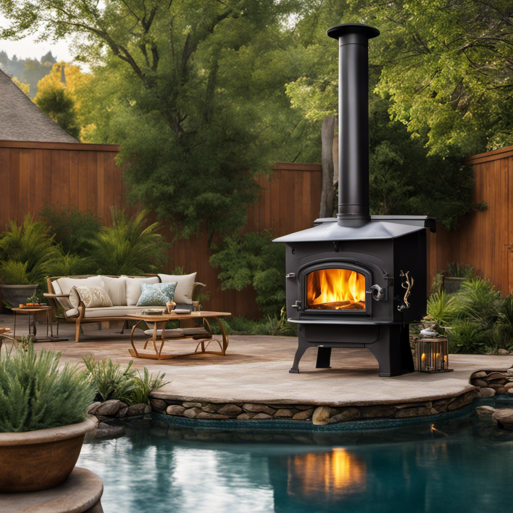 An image showcasing a serene backyard oasis with a rustic wood stove adjacent to a sparkling pool