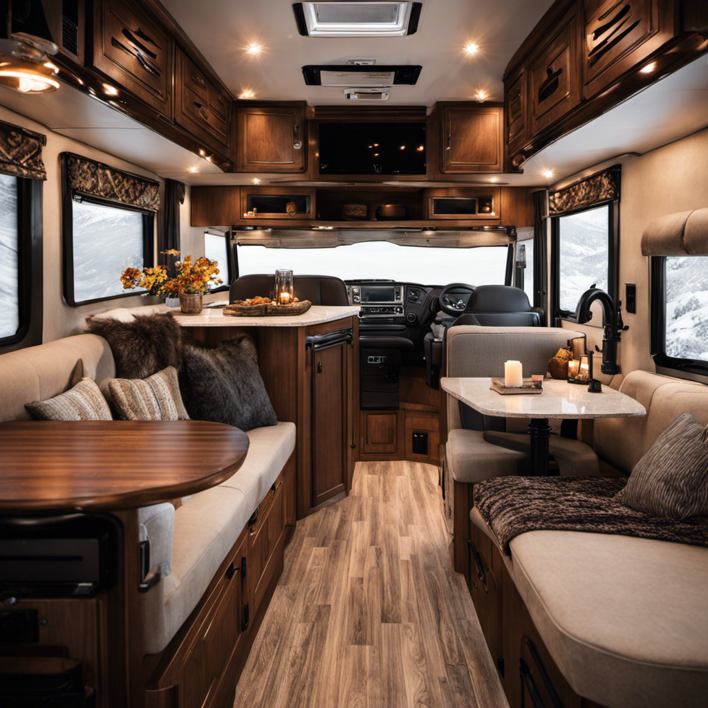 An image showcasing an RV interior with a cozy hydronic heating system installed, featuring intricate piping arrangements, radiators, and a charming wood stove emitting a warm glow, all surrounded by a welcoming winter ambiance