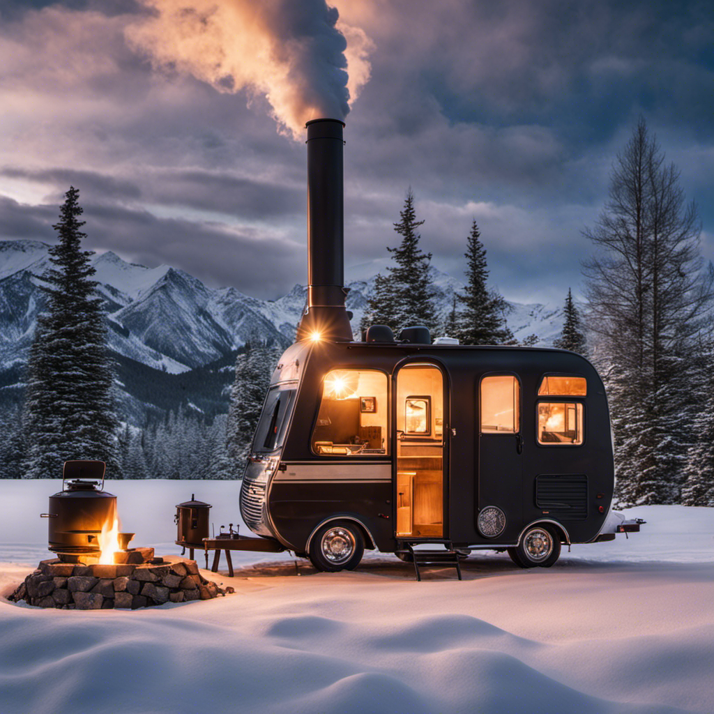 An image that showcases an RV parked in a serene snowy landscape, with a rustic wood stove situated outside