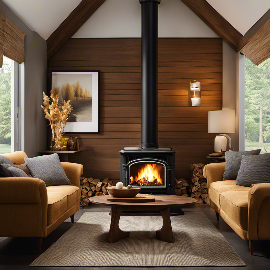 An image showcasing a cozy living room with a wood pellet stove as the focal point