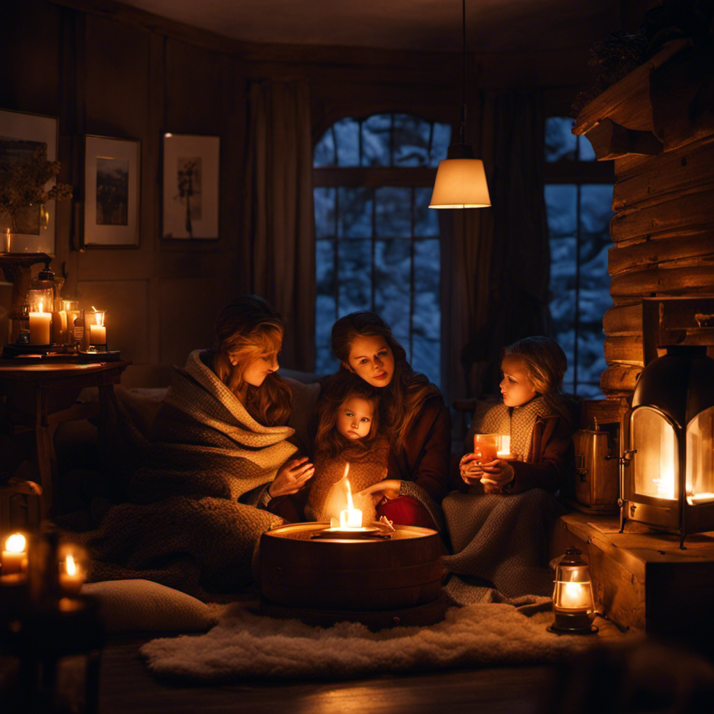 An image showcasing a cozy living room illuminated by candlelight, with a family huddled together around a portable kerosene heater, blankets draped over their shoulders, radiating warmth and togetherness during a power outage