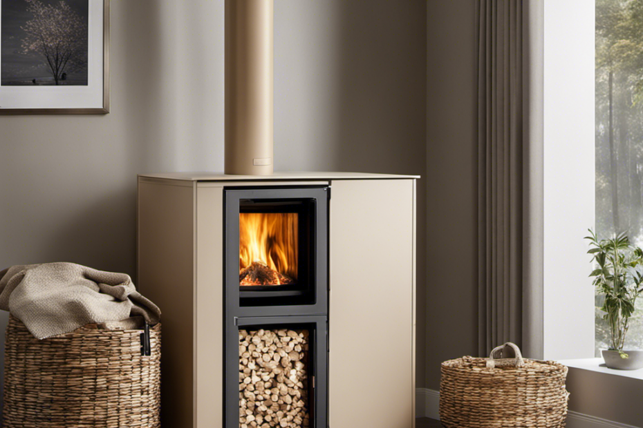 An image that showcases a stylish, sleek wooden storage cabinet with neatly stacked, color-coordinated wood pellet bags beside a modern pellet stove, demonstrating an effective and aesthetically pleasing solution for concealing unsightly wood pellet bags