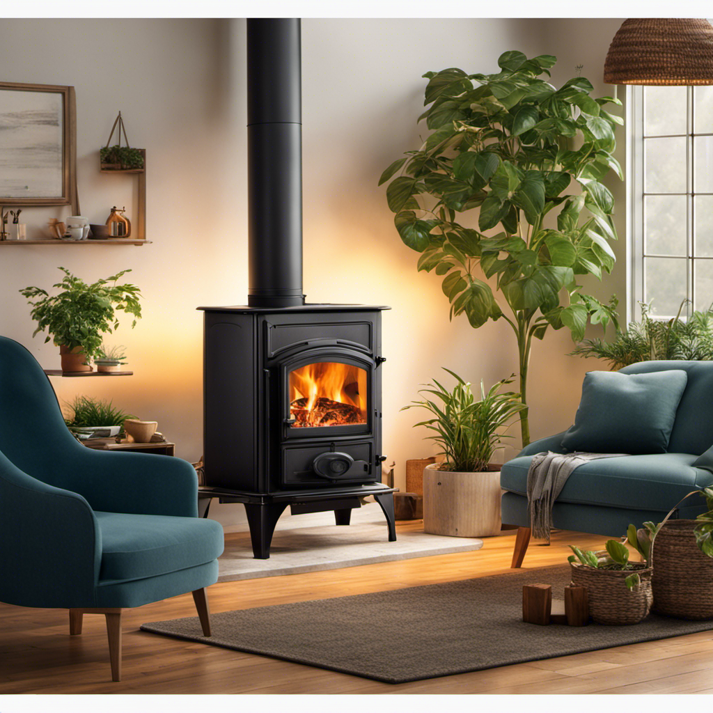 An image showcasing a cozy living room with an insert wood stove emitting a gentle, warm glow