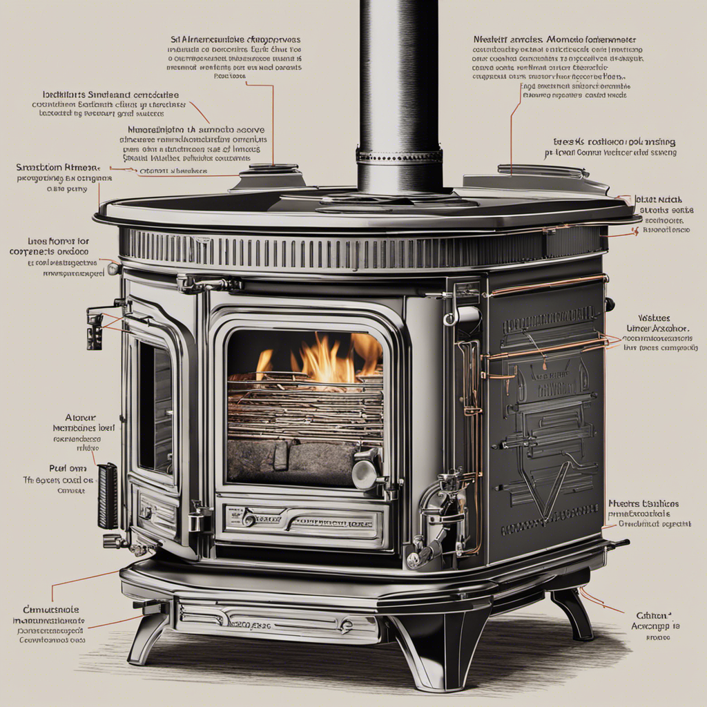 An image featuring a close-up of a Mahoning Wood Stove, showcasing a series of clearly labeled arrows pointing to various parts, such as the combustion chamber, air control, and insulation, highlighting potential improvements for each component