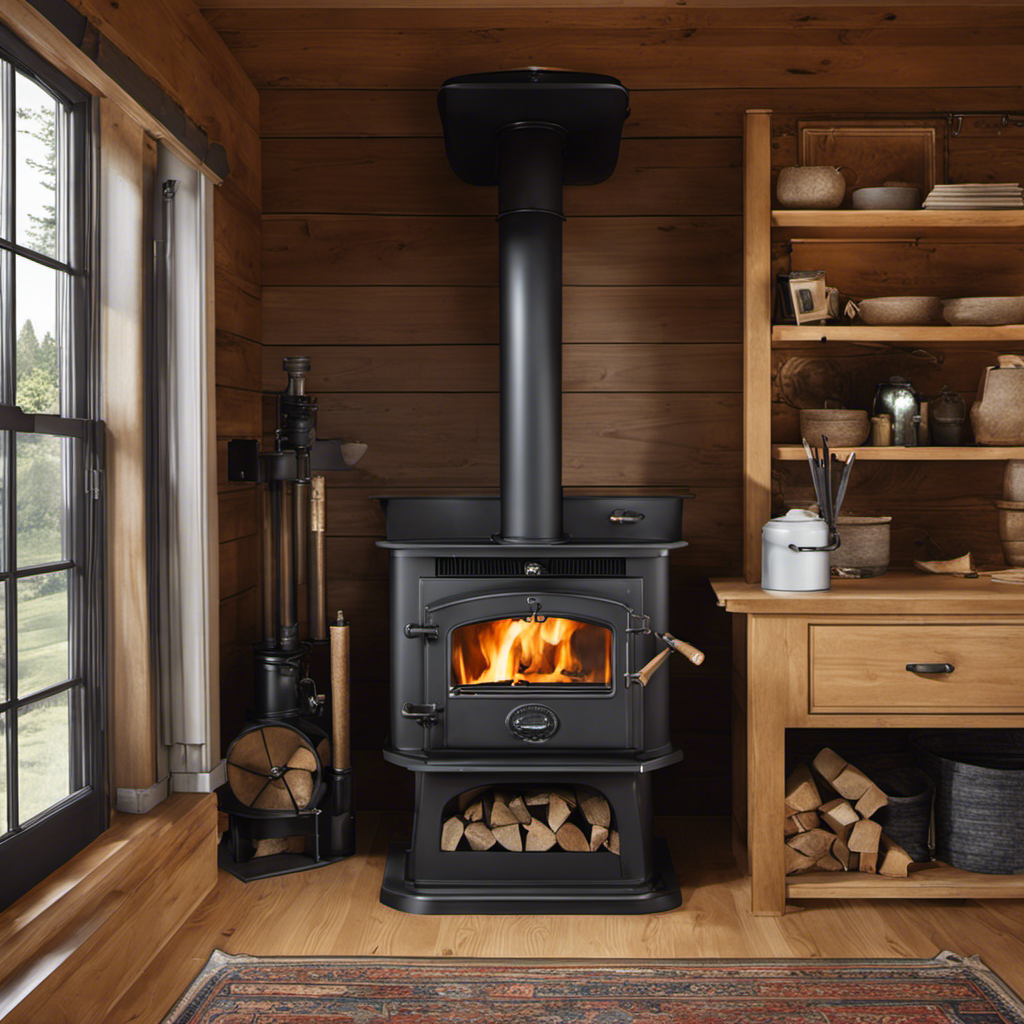 An image showcasing a step-by-step installation guide for a buck wood stove using black flue pipe