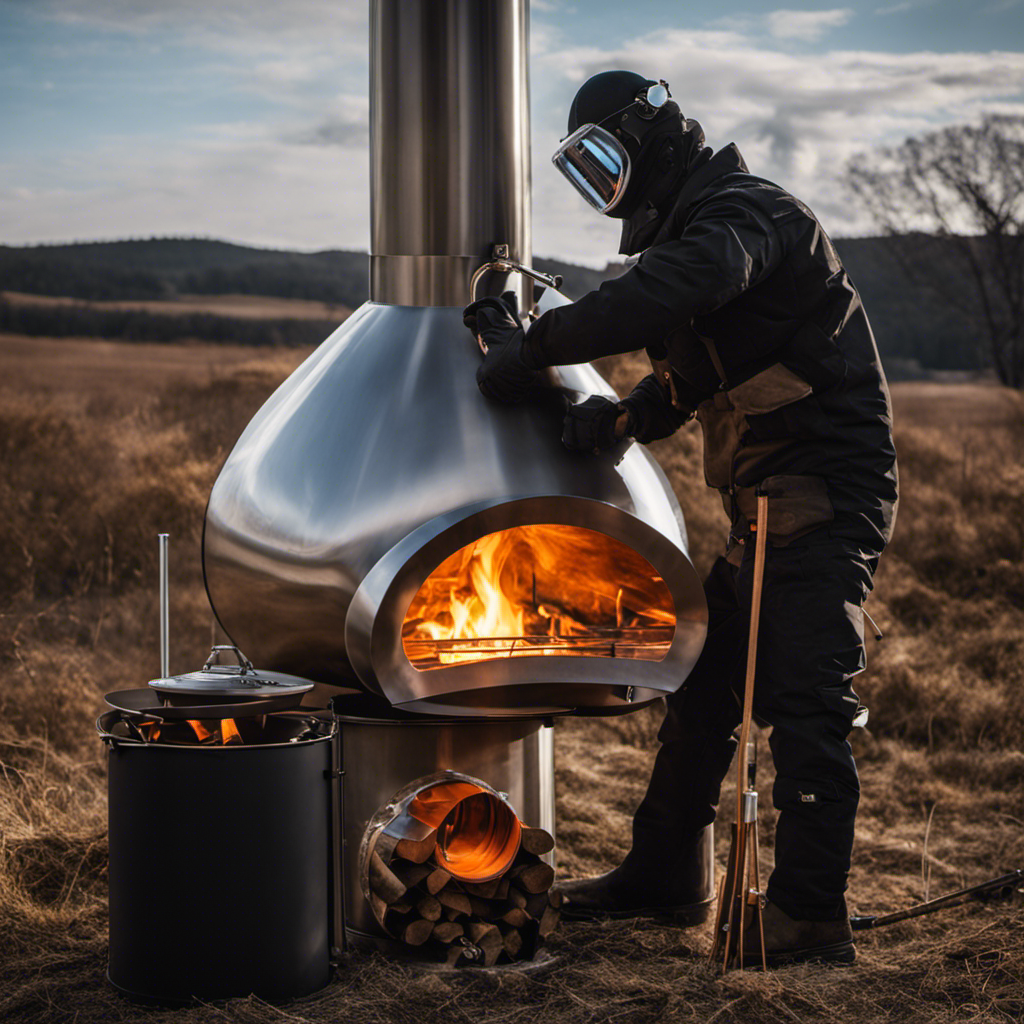 An image of a skilled individual wearing protective gear, positioned near a wood stove