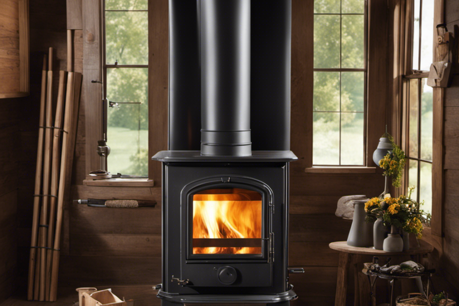 An image showcasing a step-by-step installation guide for a metal chimney flue on a wood stove