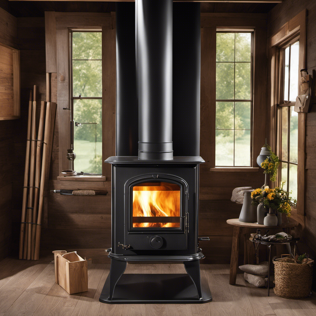 An image showcasing a step-by-step installation guide for a metal chimney flue on a wood stove