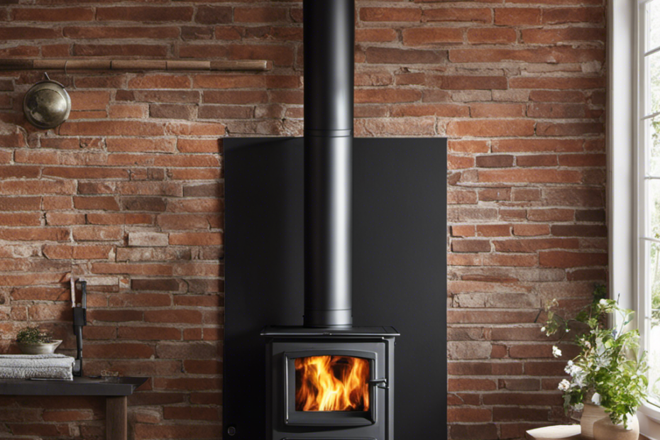 An image featuring a step-by-step installation guide for a wood stove chimney through a wall: showcasing a sturdy metal chimney passing through a brick wall, insulated with fireproof materials, and securely attached to the wood stove