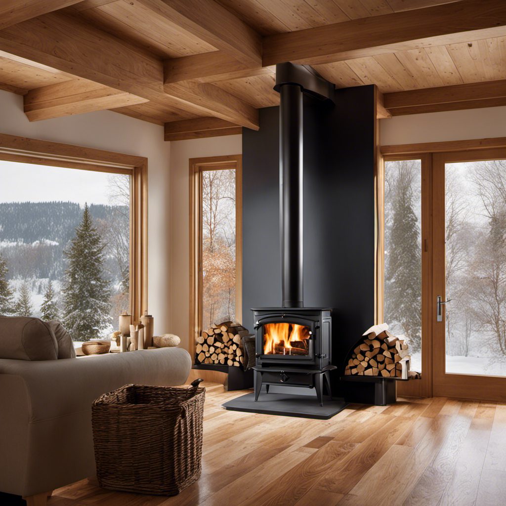 An image showcasing a step-by-step installation guide for a wood stove in a house