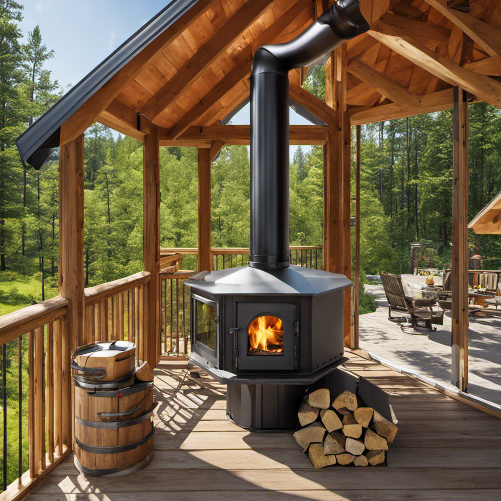 An image showcasing a step-by-step installation guide for a wood stove pipe through a metal roof