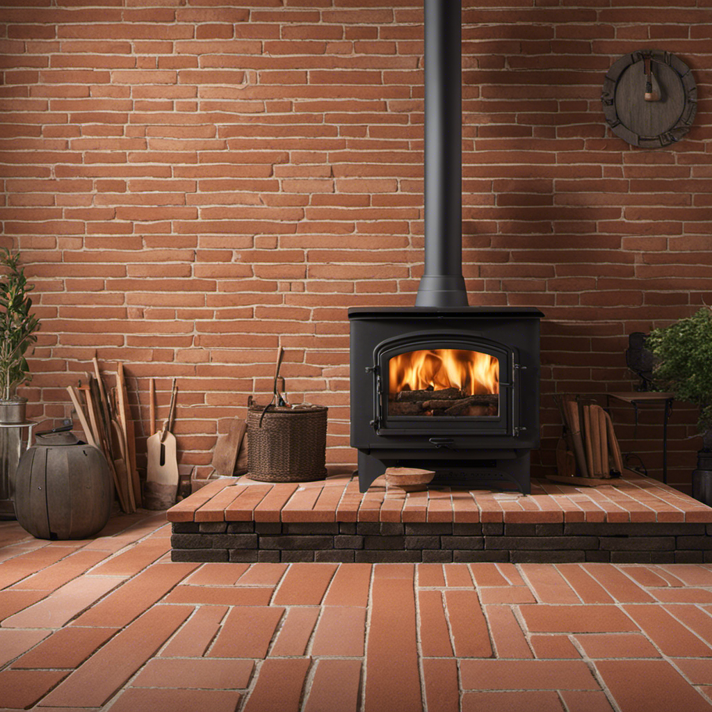 An image showcasing the step-by-step process of installing bricks on the floor for a wood stove hearth