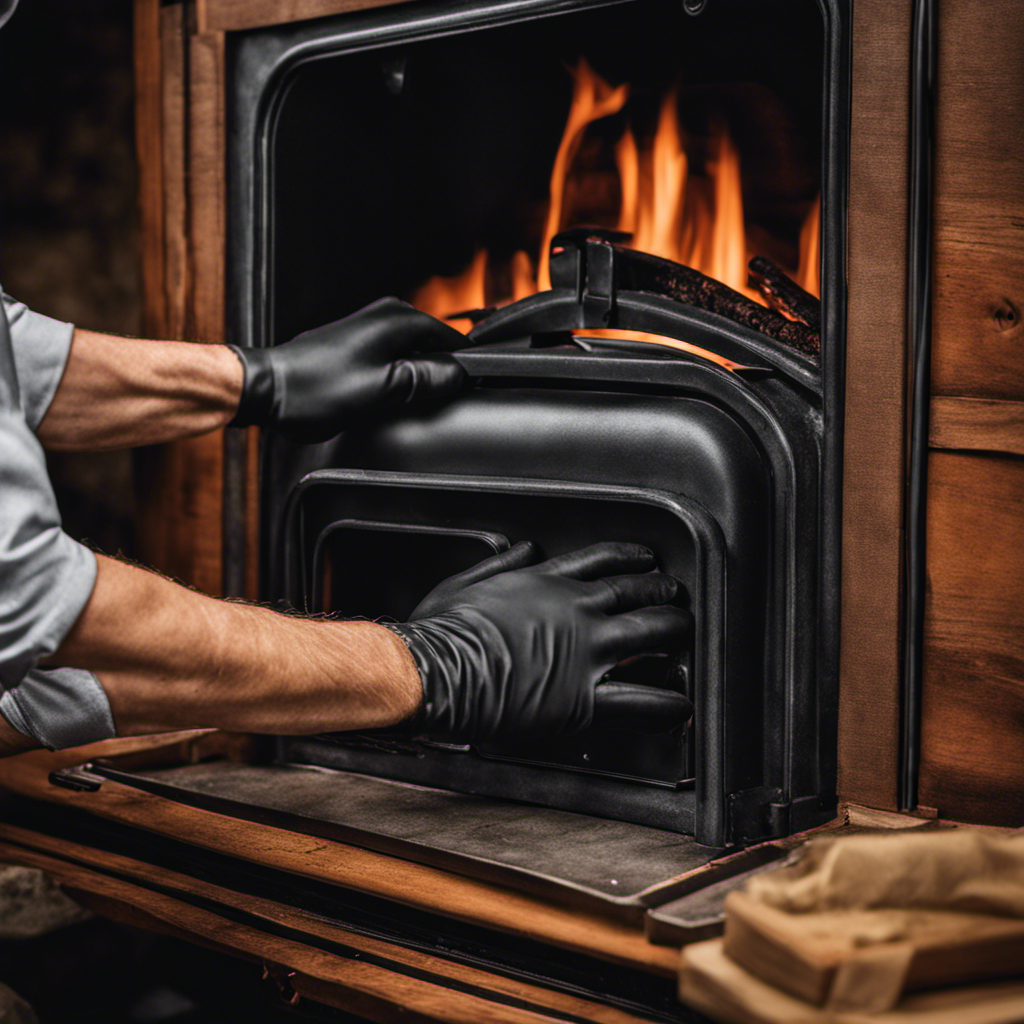 An image showcasing a close-up view of hands wearing protective gloves, meticulously positioning and pressing a black, heat-resistant gasket onto the edge of a wood stove door