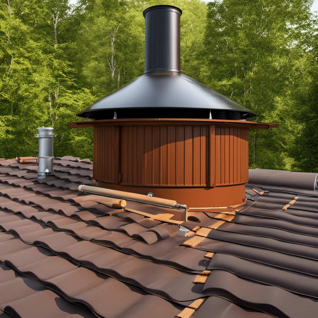 An image showcasing a step-by-step installation process for a wood stove pipe on a roof