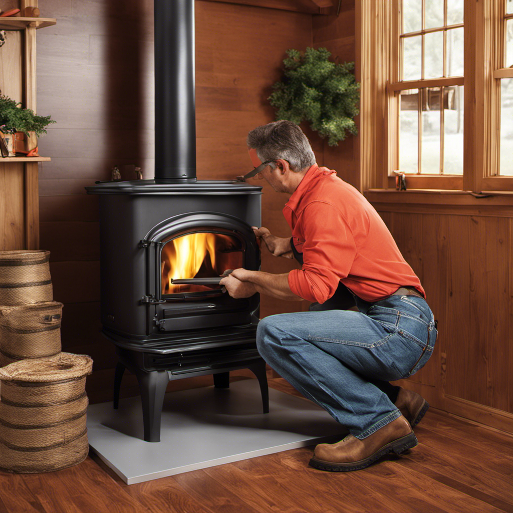 An image showcasing the step-by-step process of installing a wood stove pipe: a person measuring and cutting the pipe, fitting it into the stove, securing it with screws, and sealing the joints with high-temperature silicone