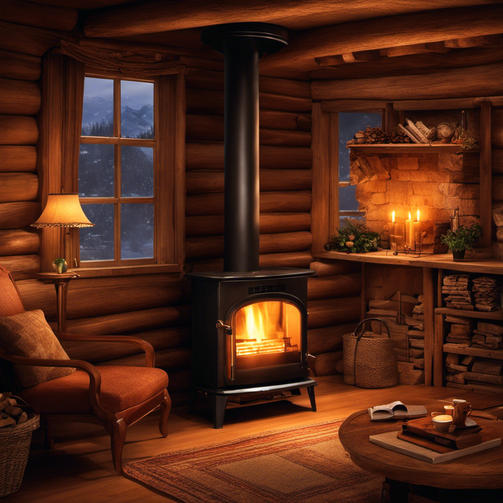 An image depicting a cozy living room with a wood stove; flames dance within, casting a warm glow on stacked logs, while a small fan gently stirs the air, keeping the fire alive and vibrant