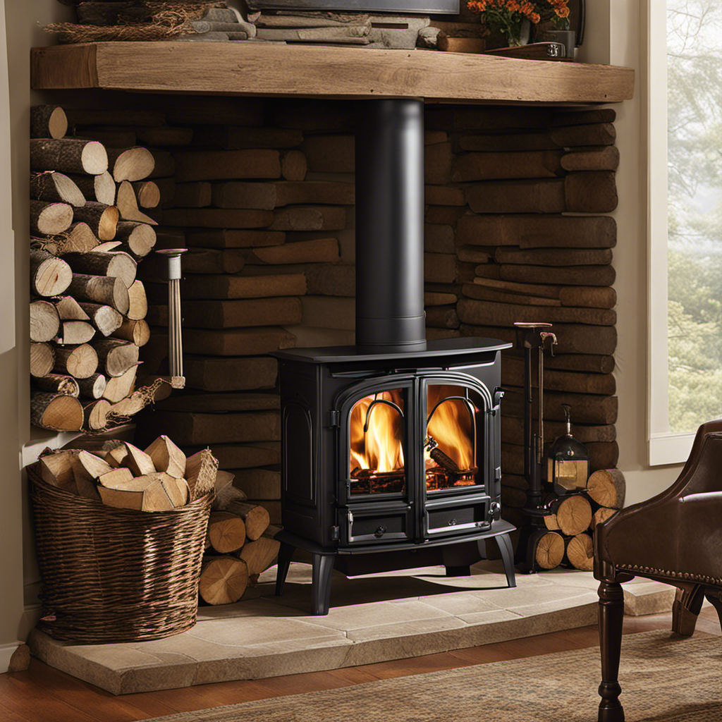 An image of a well-maintained wood stove, emitting clean and consistent smoke-free flames, surrounded by a neat stack of dry, seasoned logs, a clean chimney, and a perfectly adjusted damper