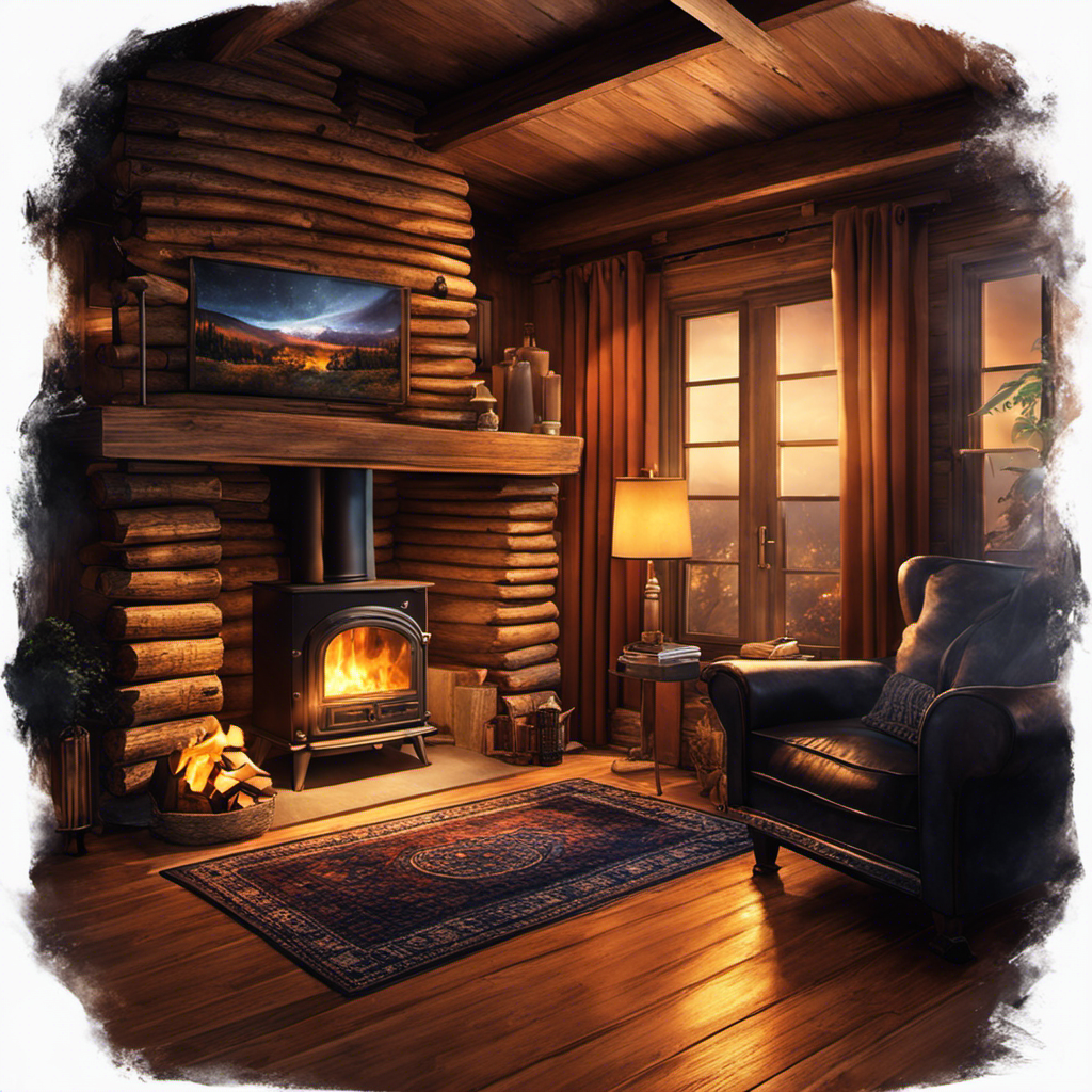 An image depicting a cozy living room at night, with a crackling wood stove radiating warmth