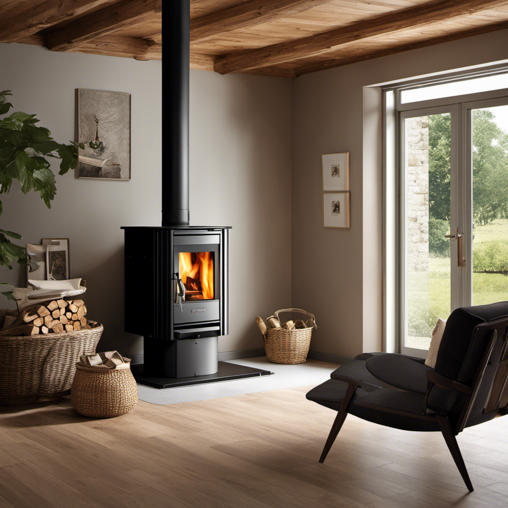 An image showcasing a sturdy, well-sealed pellet stove with a fitted dust collection system, featuring an airtight connection between the stove and the exhaust pipe, effectively preventing wood dust from escaping into the room