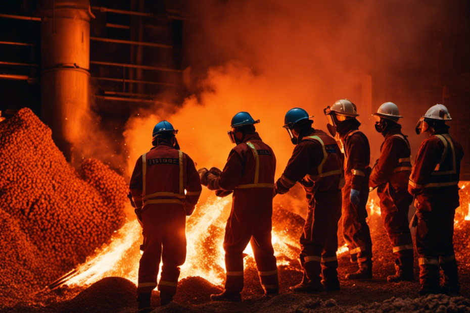 An image capturing the intense glow of a roaring furnace, flames dancing around a stack of wooden pellets, while workers in protective gear tend to the process, ensuring the temperature remains high and consistent