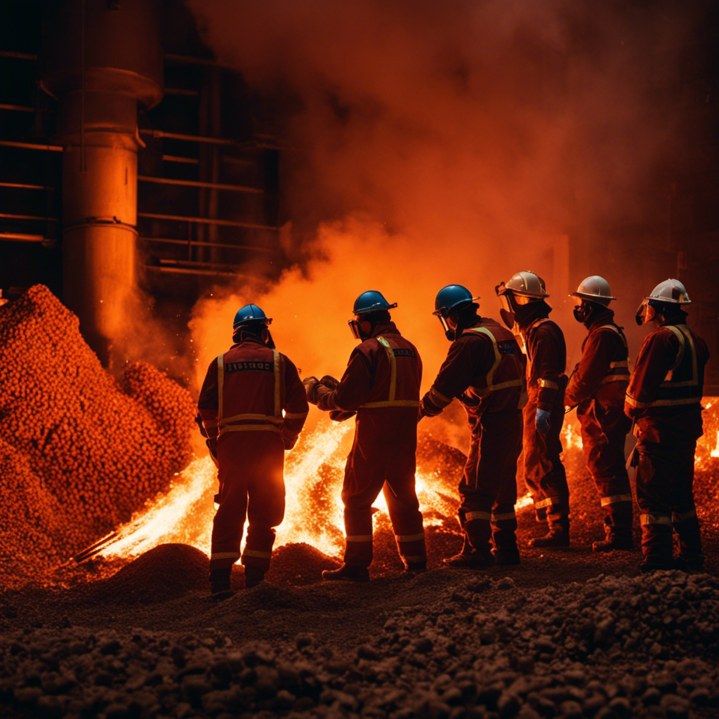 An image capturing the intense glow of a roaring furnace, flames dancing around a stack of wooden pellets, while workers in protective gear tend to the process, ensuring the temperature remains high and consistent