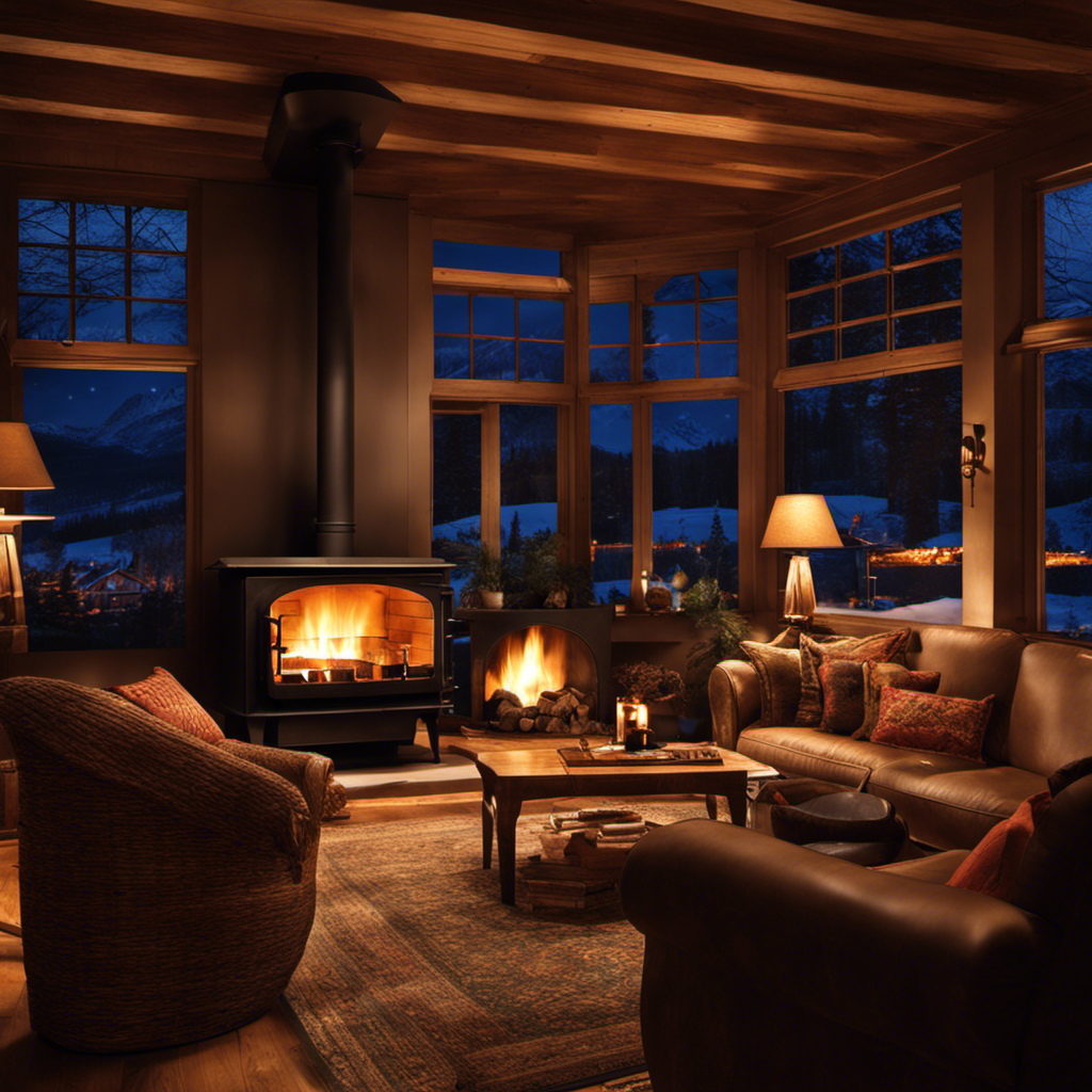 An image showcasing a cozy living room at night, with a roaring wood stove as the focal point