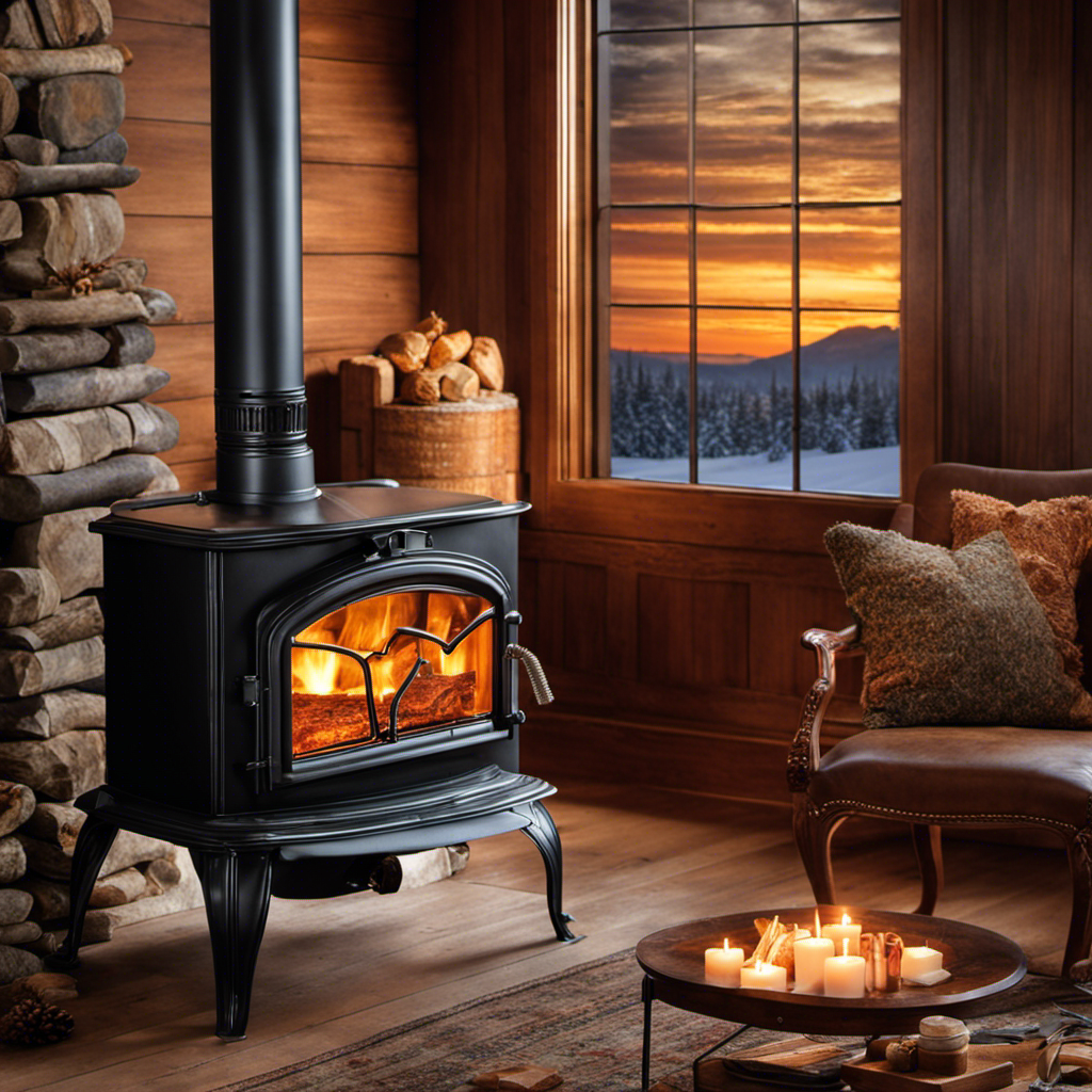 An image showcasing a pair of well-insulated hands carefully wiping the crystal-clear glass of a wood stove, revealing a mesmerizing view of the crackling flames dancing within, casting a warm and inviting glow in the room