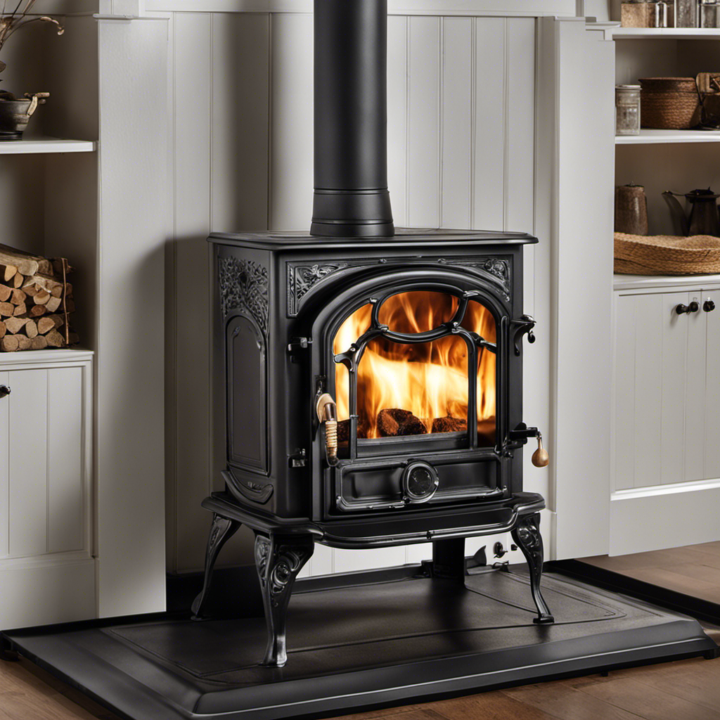 An image showcasing hands using a level to meticulously adjust the feet of a cast iron wood stove, ensuring it is perfectly balanced