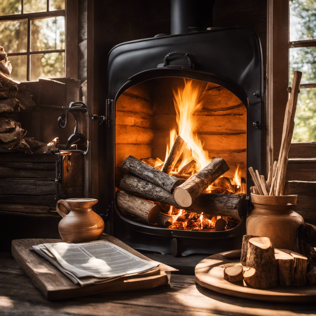 An image showcasing a pair of hands skillfully arranging crumpled newspaper, small kindling sticks, and larger logs inside a wood stove